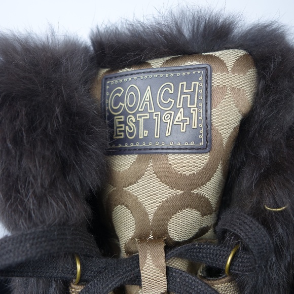 Coach Jennie Monogram Tan & Brown Lace-Up Faux Rabbit Fur Boots, Size 8.5 B - Picture 2 of 16
